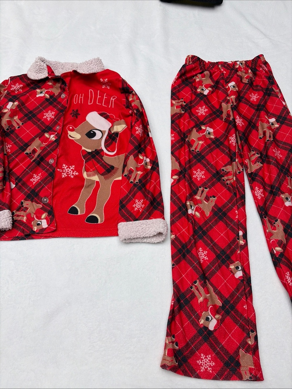 Red Reindeer Plaid Kids Pajama Set with Sherpa Trim